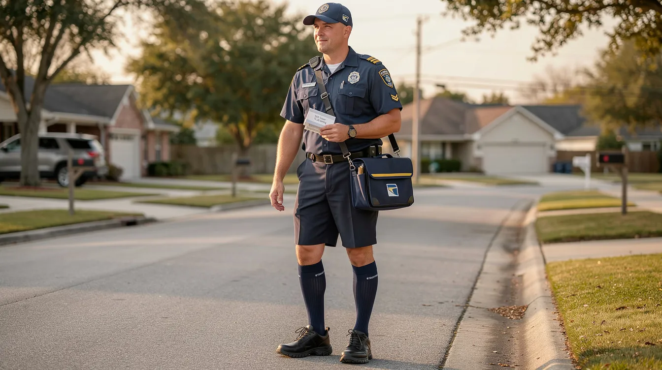Postal worker wearing Shift-Saver compression socks while on route